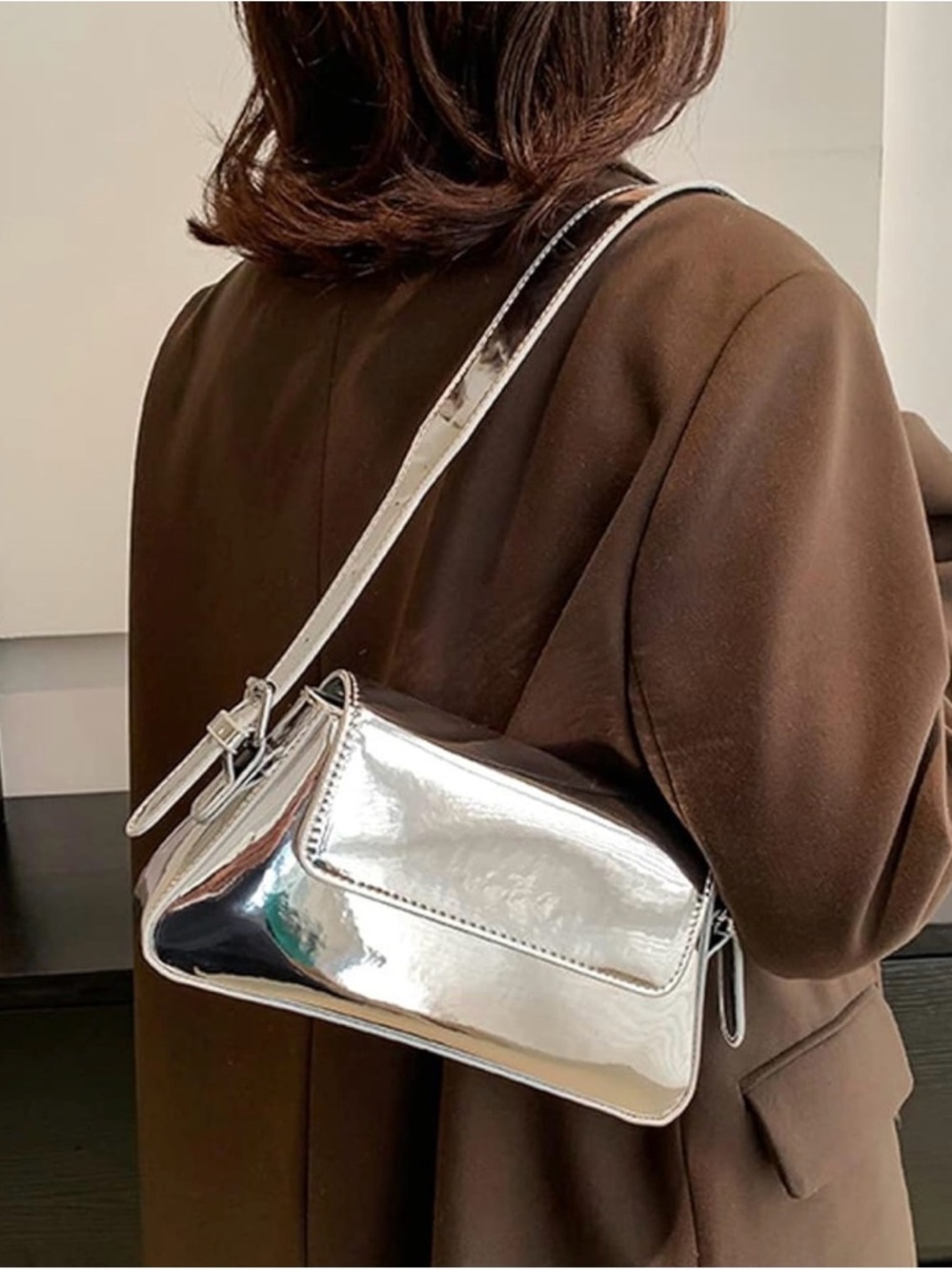 Amazon Silver Metallic Shoulder Bag with Zip Compartment